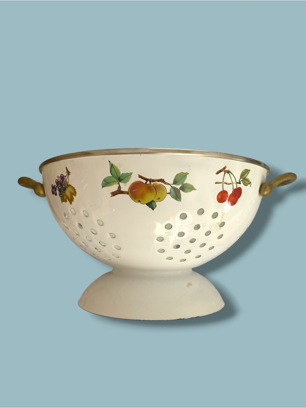Vintage White Enamel stand Alone Colander with Brass Handles